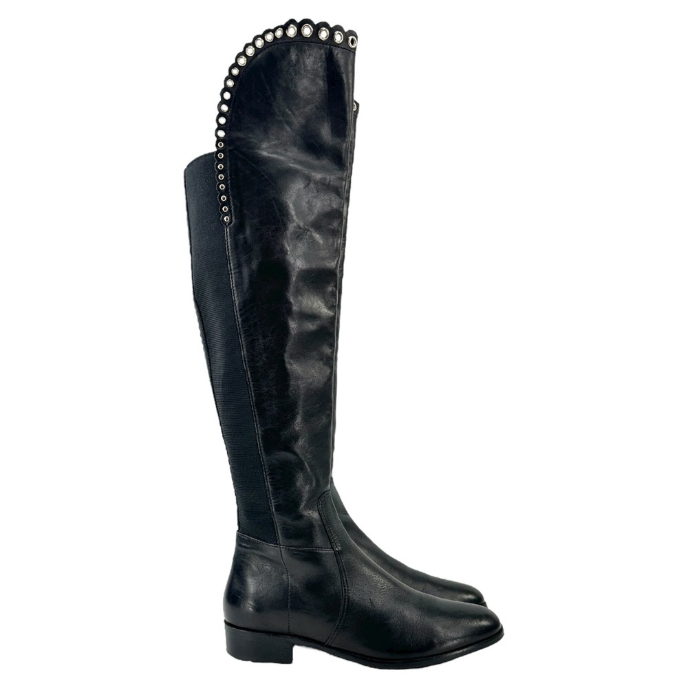 LK Bennett Black Leather Grommet Detail Over the Knee Flat Tall Riding Boots - Picture 2 of 14